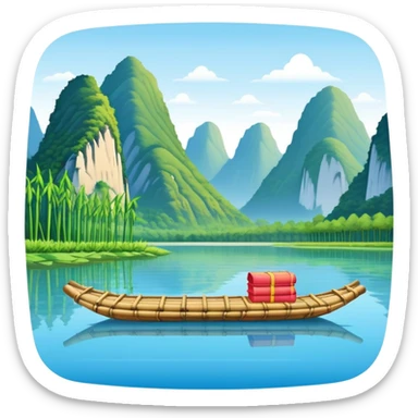 Yangshuo karst peaks with bamboo raft on river Guilin, simplified emoji style with bold outlines and bright colors, cartoon style mountains with clear blue sky sticker