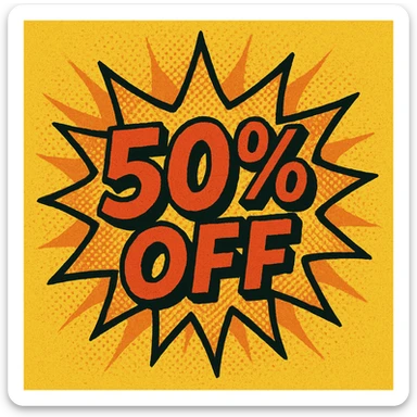 comic-style '50% OFF' burst with yellow and orange, dynamic and attention-grabbing sticker