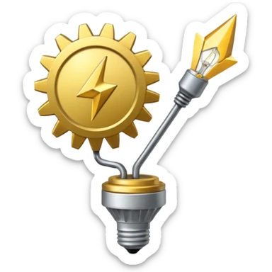 a gear with golden raising arrow behind it on the right side, and then a small golden beaming light bulb on the left side sticker