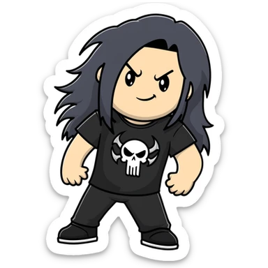 A metalhead with long flowing black hair, wearing a black heavy metal t-shirt, smirking confidently sticker