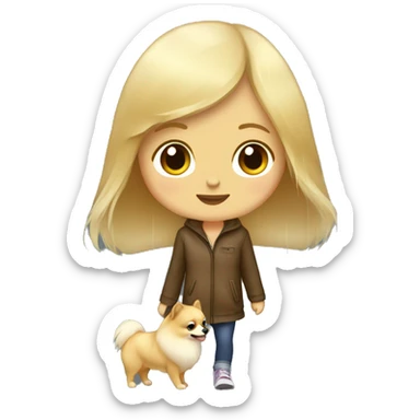 Blonde girl walking pomeranian under the rain sticker