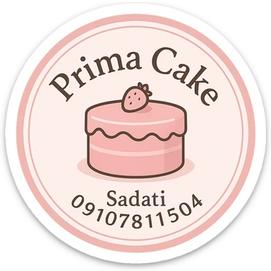 A circular logo for Prima Cake bakery with a pink cake at the center, featuring the text Prima Cake in English and the contact info Sadati 09107811504 below it. The logo should have a pink circular border and a white background, designed to be printable for cake decoration. The style should be elegant and suitable for a bakery sticker
