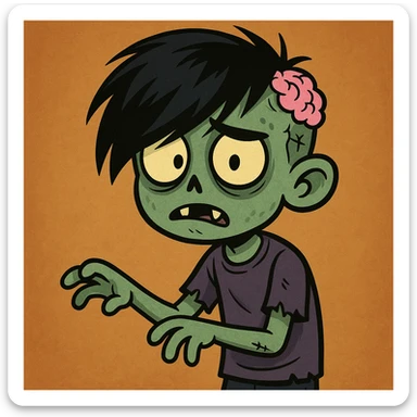 zombie boy with black emo hair and purple shirt, cartoon style sticker