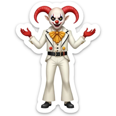 full-body demonic clown in a white leisure suit with bellbottom pants, bald, with black ram horns, flashy belt, ruffled shirt, no neck tie, large fangs in mouth sticker