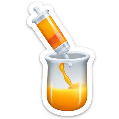 a syringe with orange juice sticker
