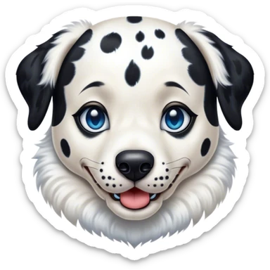 Cinematic Comical Harlequin Dalmatian Portrait Emoji, Head tilted dramatically with an exaggeratedly shocked or amused expression, featuring a striking Fur of predominantly white with vivid black patches, wide, expressive blue eyes filled with playful disbelief, Simplified yet hilariously expressive features, highly detailed, glowing with a slightly sassy glow, high shine, dramatic yet playful, stylized with an air of cheeky charm, bright and endearing, soft glowing outline, capturing the essence of a spirited and over-the-top guardian, so meme-worthy it feels like it could side-eye its way into internet fame instantly! sticker