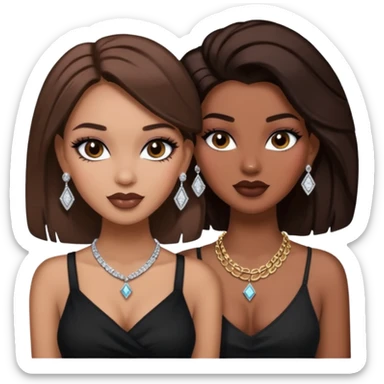 Boujy baddie best friends, trendy heavy makeup both dark hair one light skinned and one mocha brown pretty hair both wearing black and earrings and diamond necklace one mocha brown skin better ones please  sticker