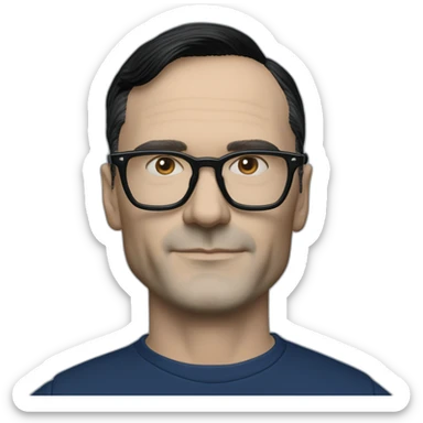 photo realistic Ralf Hutter from Kraftwerk, short straight black hair, black glasses, Dark Blue T-shirt, lean, in black tesla model 3 sticker