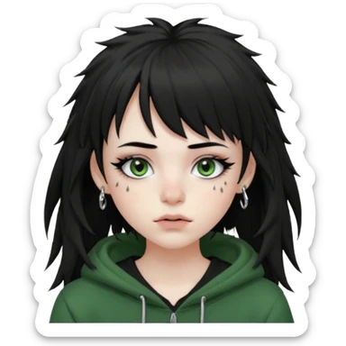 girl with black long layered hair with wispy bangs, pale skin, black t shirt, freckles on nose, dark nude colored lipliner, fluffy lashes, green hooded eyes, black spiky septum ring, eyebrow piercing, blush, thin black eyebrows. sticker