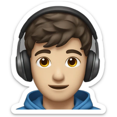 male, dark brown hair, dark brown eyes, headphones, blue hoodie sticker