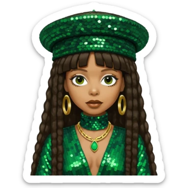 Erykah Badu with dark brown hair, dark green sequin outfit sticker