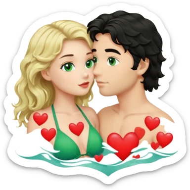 Blonde girl Green eyes wavy hair Green Bikini whole body Kissing man black Hair blue eyes Hearts in Body Background beach sticker