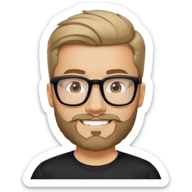 Man with light skin, full facial beard, short upswept hair, large black-framed glasses, smiling face, black sports fabric shirt sticker