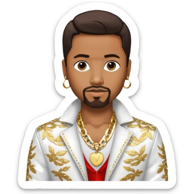 Teddy Riley with dark brown hair, white sequin jacket, shirtless with necklace sticker