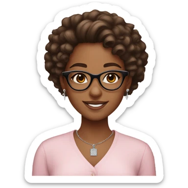 Brown skin curly hair girl with dark brown eyes black framed glasses little diamond earrings cross necklace light pink shirt smiling  sticker