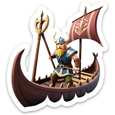 clash-of-clans-aesthetic_-cinematic-viking-longboat, rendered in a flat, bold vector style with minimal shading, featuring a striking dragon-headed prow slicing through icy, churning waters. shields on the side and vikings rowing The longboat’s intricately detailed shields and carved motifs evoke a sense of epic adventure and Nordic might, with billowing sails catching a dramatic, stormy sky backdrop. sticker