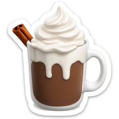 white mug of hot chocolate with whipped cream and cinnamon sticker
