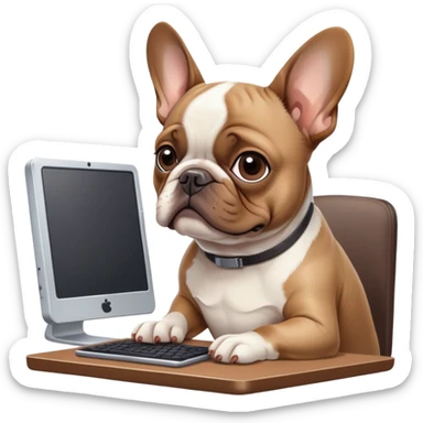 Frenchie working behind computer sticker