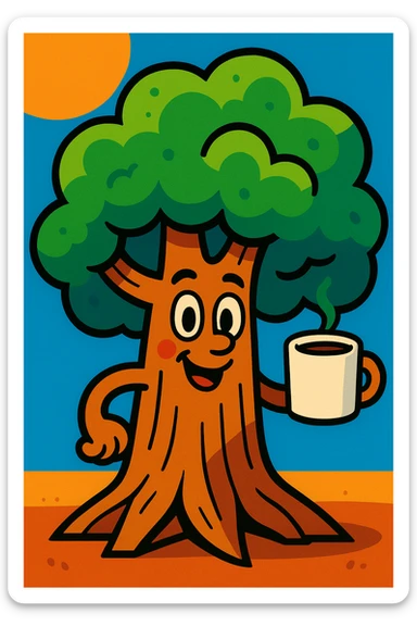 cartoon tree with a smiling face, holding a coffee mug in one branch, vibrant toon style sticker