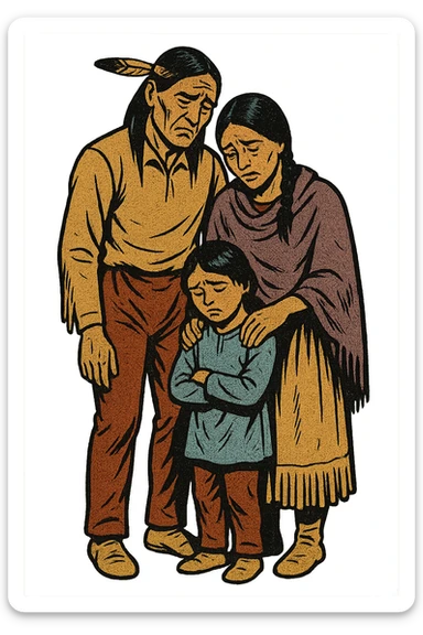 The full bodies of a sad native American family from the 1850s who are standing close together. sticker