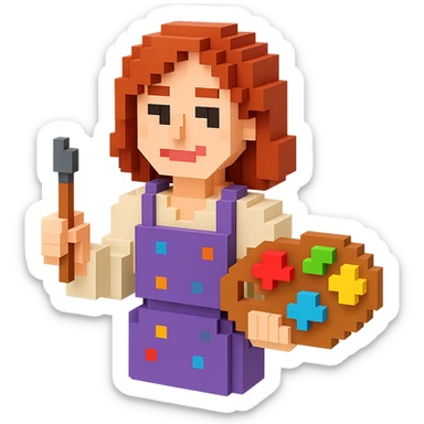 Serene female oil painter, Caucasian features, shoulder-length auburn hair, soft brown eyes, gentle smile, wearing a violet painter’s apron lightly stained with paint over a beige blouse, holding a wooden palette with vibrant colors in one hand and a brush in the other, waist-up, front-facing sticker
