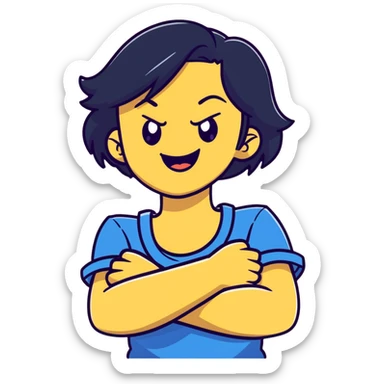 Arms crossed around neck angry laughing girl sticker
