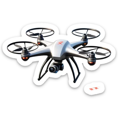 An icon showing a racing quadcopter drone in the foreground, flying at high speed through a course filled with obstacles and checkpoints. Other drones zoom in the background over a dynamic landscape. Transparent background highlights the thrill and precision of drone racing. sticker