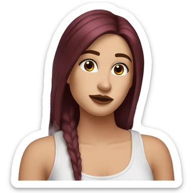 white girl, long straight middle part burgundy hair, brown eyes, long eyelashes, full lips, black tank top sticker