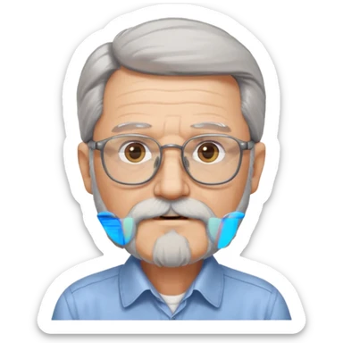 old man with long hair and beard wearing glasses with shirt sticker