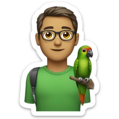 man with glasses and a green cheeked conure on his shoulder sticker