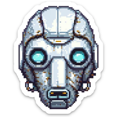 a jaded AI, robotic head with droopy eyes, metallic textures, neutral palette sticker