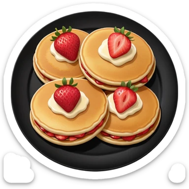 Three Pancakes with strawberries in a black plate sticker