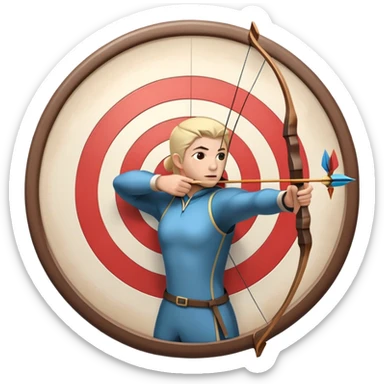 An archer drawing a bow and aiming an arrow at a target, with perfect focus and precision. The target is visible in the background, featuring concentric rings. The scene captures the concentration and skill involved in archery, emphasizing the elegance and accuracy of the sport. sticker