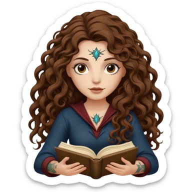 woman with long curly brown hair, brown eyes, white skin, tattoos, reading a spellbook that grows roots instead of pages sticker