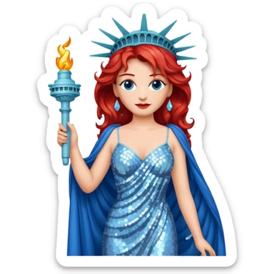 Lady Liberty from Film Studios with red wavy hair, white sequin gown, blue sequin drape sticker