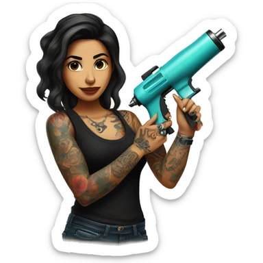 Tattoo artist with tattoo gun. The artist is Hispanic girl  sticker