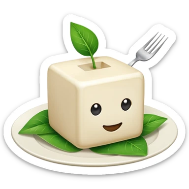 Tofu avec une feuille verte dessus et le cube tout en lanc sticker
