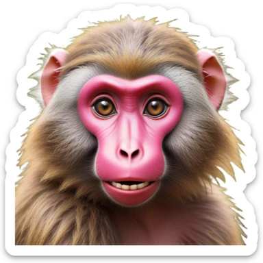 Cinematic Cute Baboon Portrait Emoji, Head tilted playfully and inquisitively, featuring a vibrant Fur of earthy browns with expressive, round, sparkling eyes filled with curiosity, Simplified yet irresistibly adorable features, highly detailed, glowing with a warm, friendly glow, high shine, affectionate and spirited, stylized with a touch of urban whimsy, bright and endearing, soft glowing outline, capturing the essence of a mischievous yet loving baboon, so playful it feels like it could leap out of the screen and into your arms! sticker