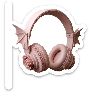 Isolate and keep only the realistic pink gothic headphones with bat wing details, lace trim, and dark roses in a photorealistic style with no background. sticker