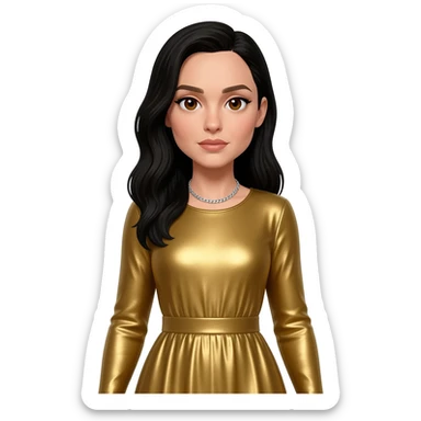 Gal Gadot with brown eyes, black long hair, gold metallic long sleeve dress, silver necklace sticker