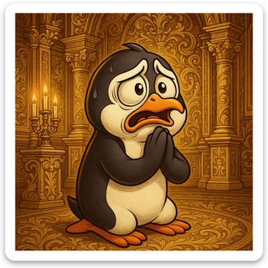a cartoon penguin kneeling, flippers pressed together, dramatic facial expression, praying and begging, in a lavish baroque setting, gold and intricate patterns sticker