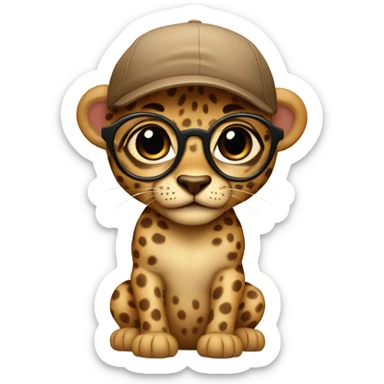 baby cheeta in a brown backward cap, brown-lens glasses sticker
