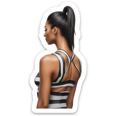 Hyper-realistic tall sultry fitness model in striped body paint from behind sticker