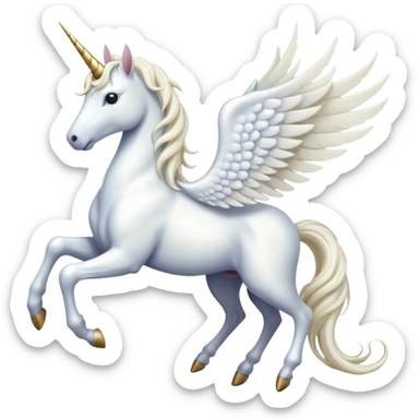 All white Cinematic Noble Unicorn with wings, slender with a flowing mane and tail and spiraled horn sticker
