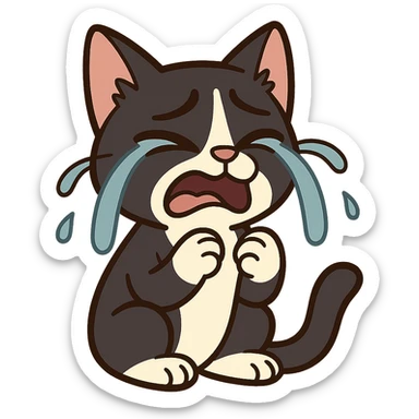 flat toon style crying tuxedo cat sticker