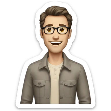 Joyful Pale skinned Fit Man With dark brown hair in gray jacket, beige office shirt, Brown pants and vintage glasses. His thrumbs up sticker