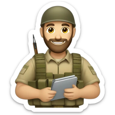 pale brown bearded israeli IDF soldier happy holding notebook and pen sticker
