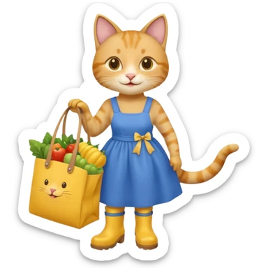 smiling-cat-in-a-blue-dress,-yellow-boots,-carrying-a-market-bag sticker