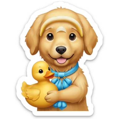 Golden retriever dog with a toy duck sticker