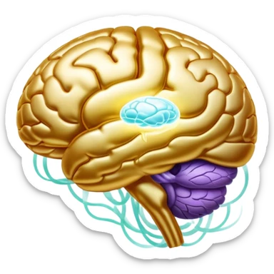 Pearlescent capsule floating between a translucent glowing brain and a translucent liver. Golden waves of connection emanate from the brain, representing improved memory, clarity and neural communication. The entire scene has an ethereal glow showing the beneficial properties of choline. sticker